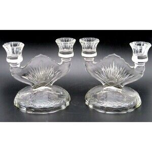 Vintage Clear Jeanette Glass Double Candlestick Pair Sunburst Herringbone